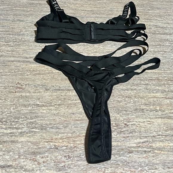 Black Sexy Love Shein Blingy Strappy bra and thong Lingerie Set - Picture 2 of 16